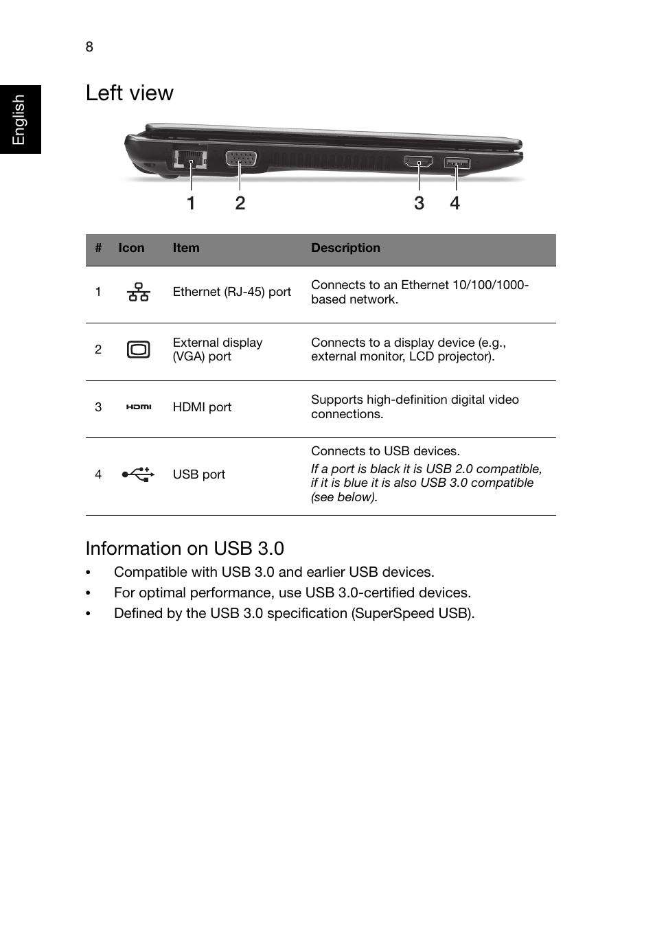 Left view, Information on usb 3.0 | Acer Aspire V5-131 User Manual | Page 8 / 10