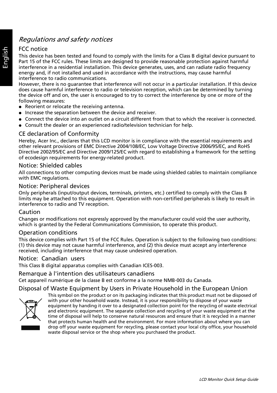 Regulations and safety notices, Eng lis h | Acer G206HQL User Manual | Page 2 / 2