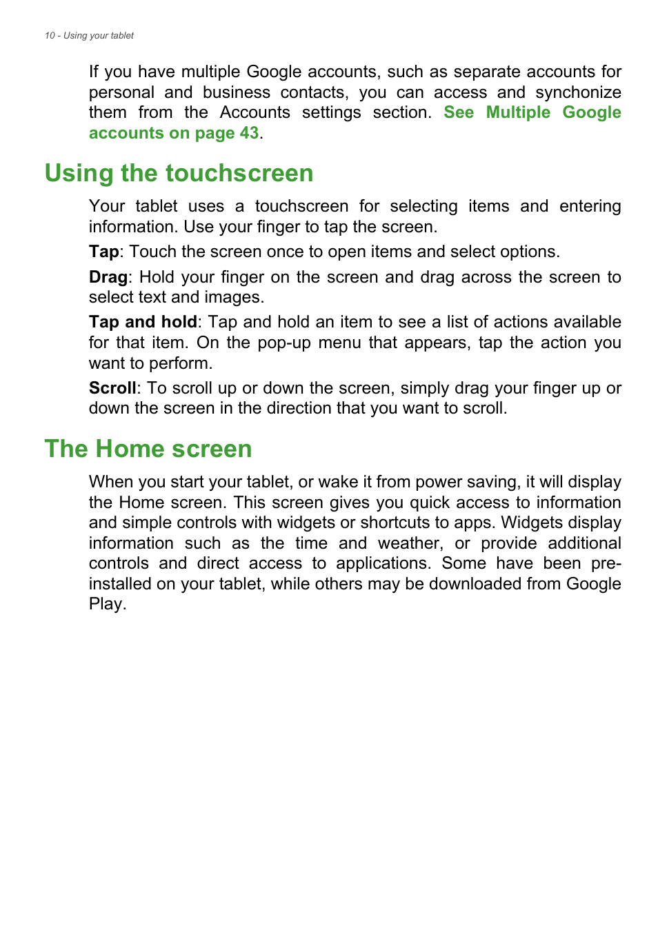 Using the touchscreen, The home screen, Using the touchscreen the home screen | Acer A1-830 User Manual | Page 10 / 54