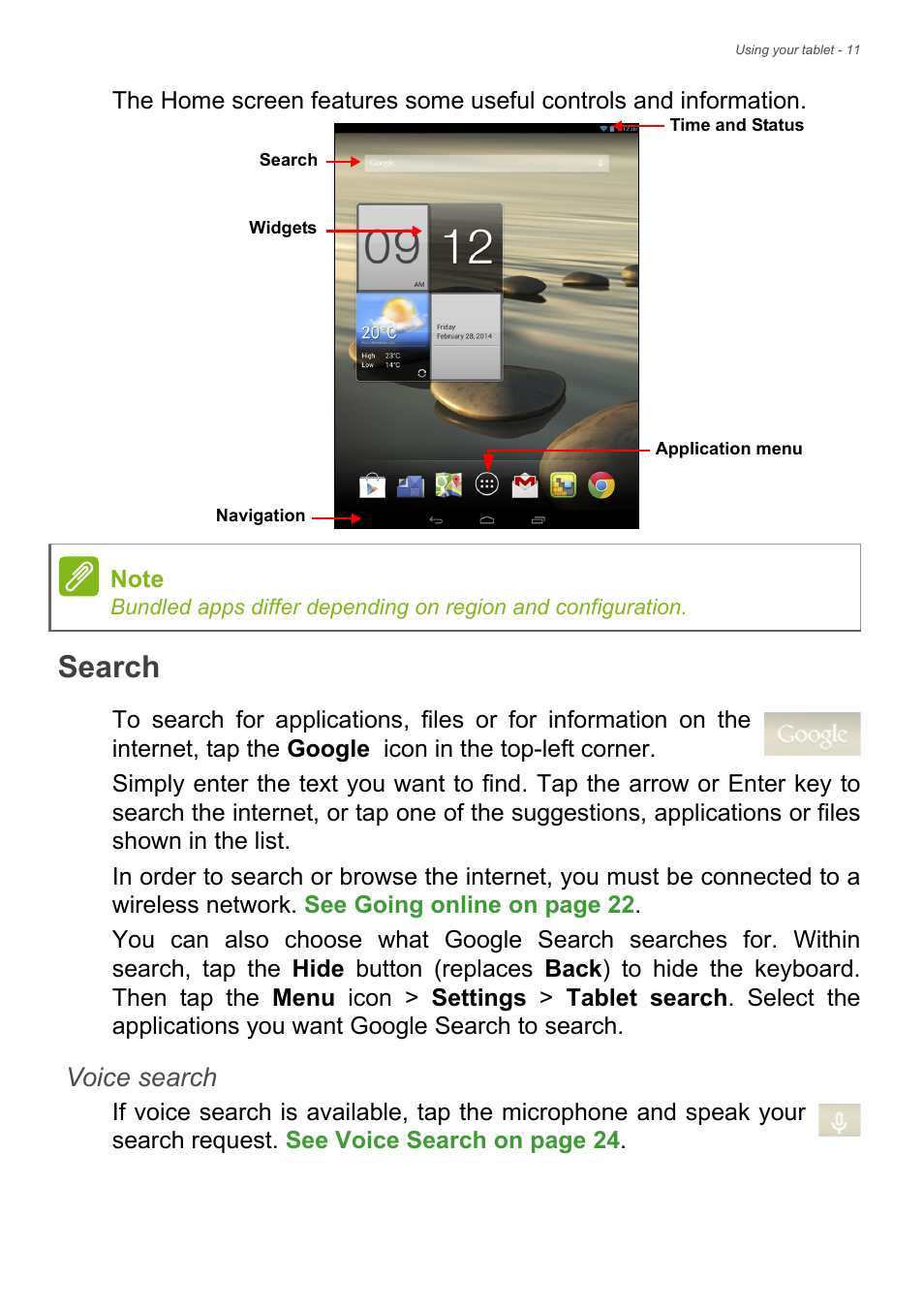 Search, Voice search | Acer A1-830 User Manual | Page 11 / 54