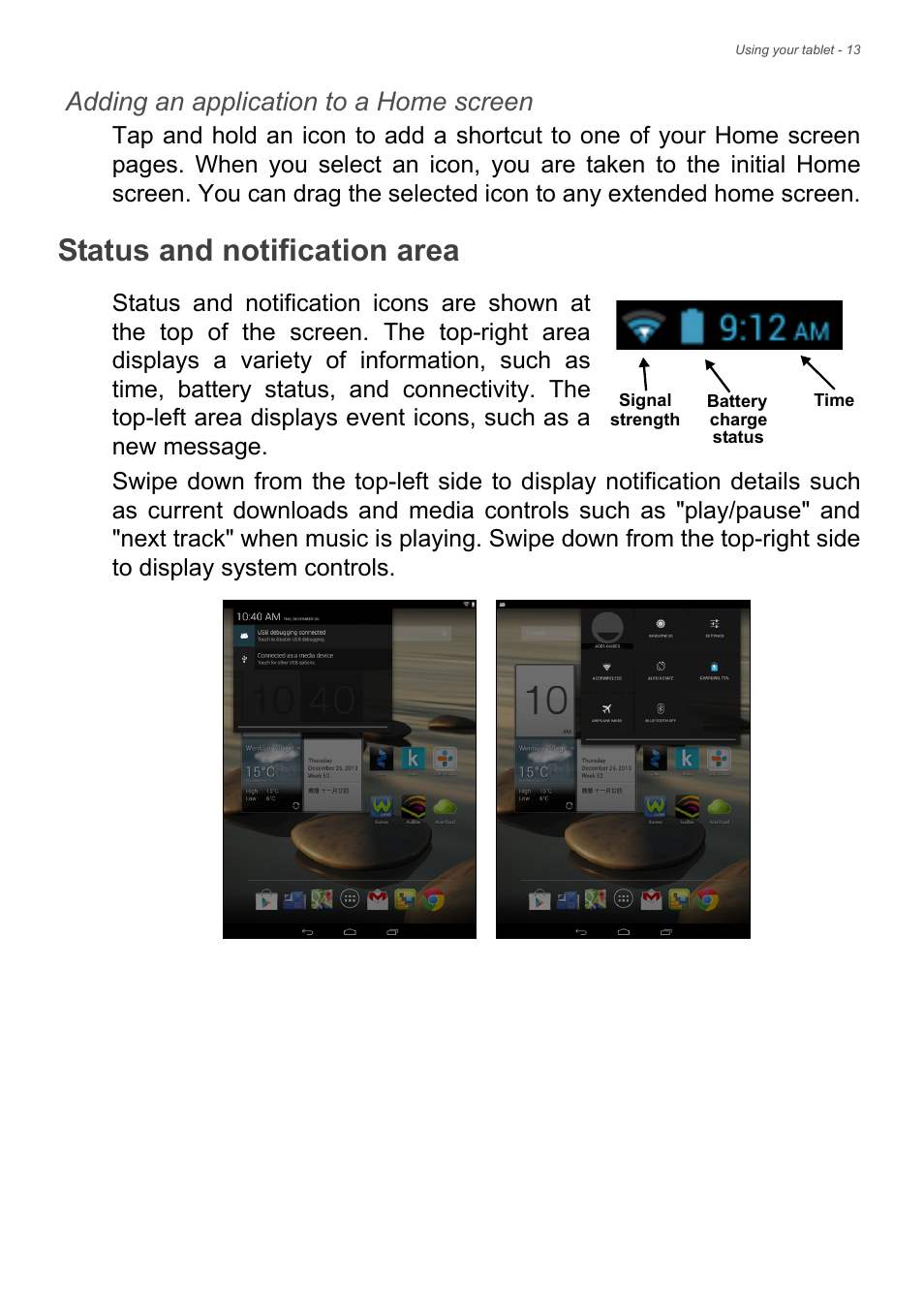 Status and notification area, Adding an application to a home screen | Acer A1-830 User Manual | Page 13 / 54