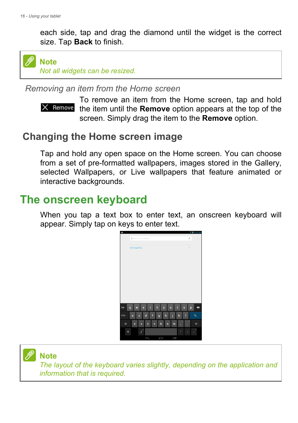 Changing the home screen image, The onscreen keyboard | Acer A1-830 User Manual | Page 16 / 54