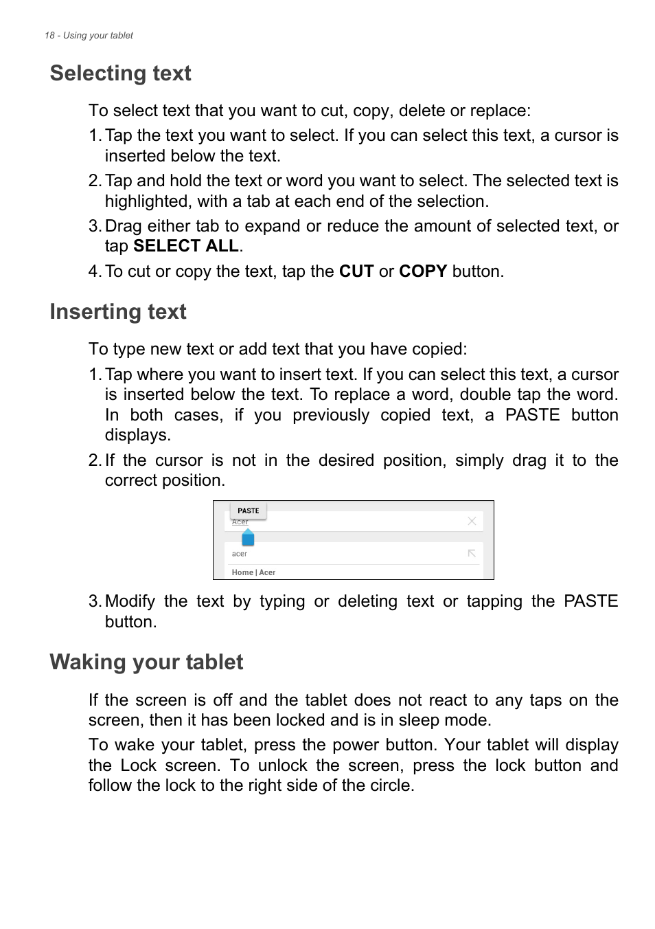 Selecting text, Inserting text, Waking your tablet | Acer A1-830 User Manual | Page 18 / 54