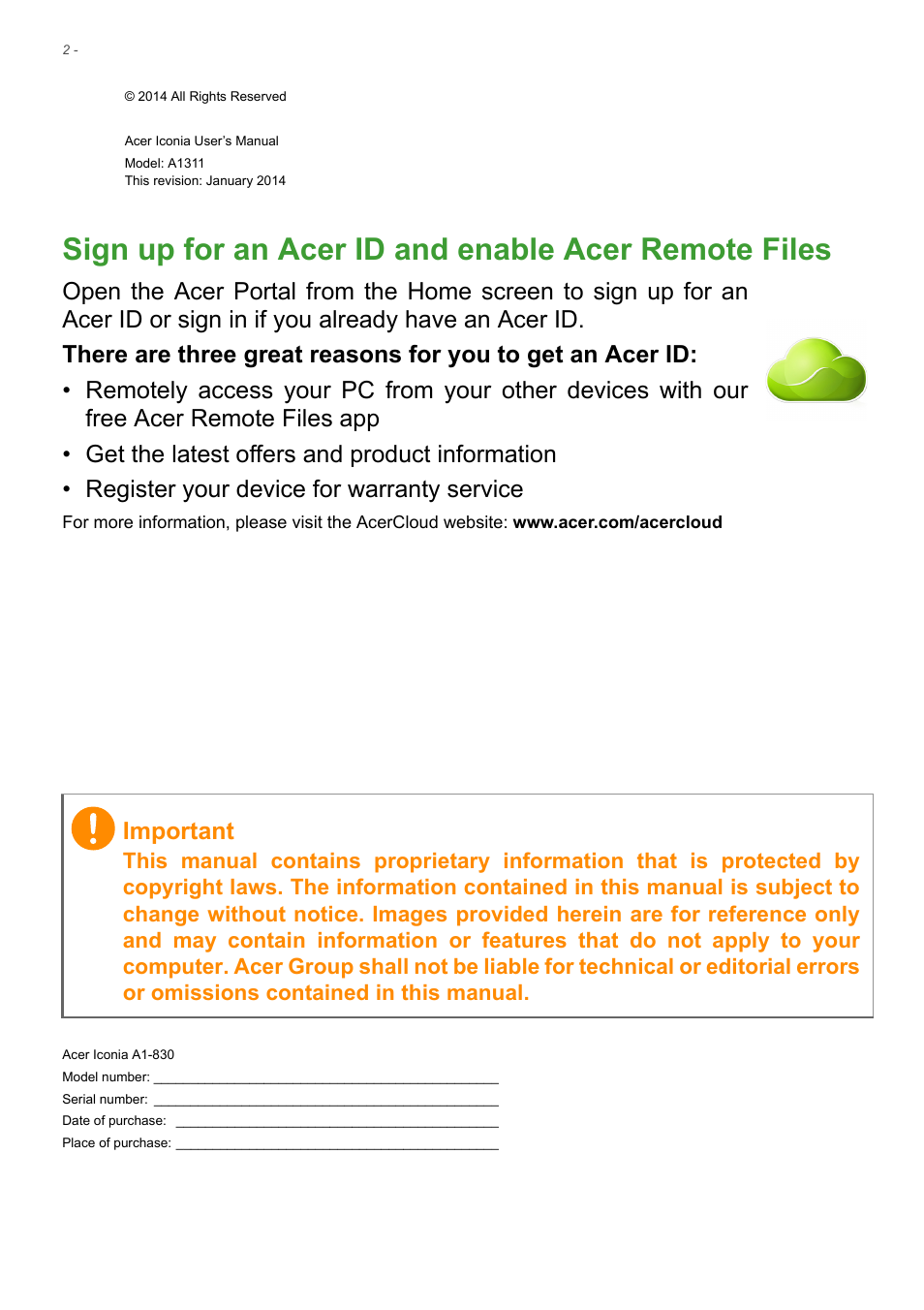 Important | Acer A1-830 User Manual | Page 2 / 54