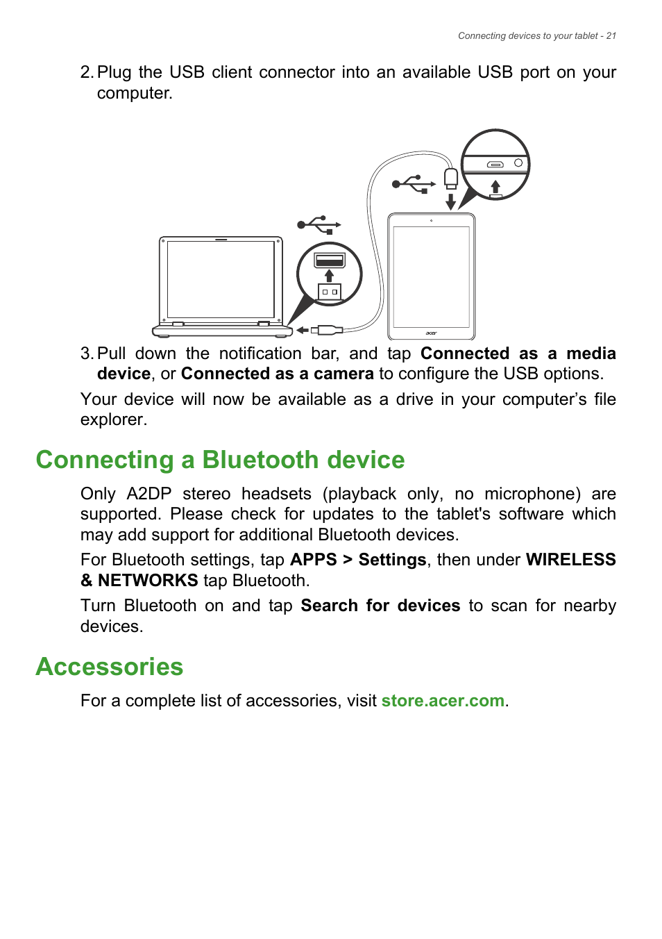 Connecting a bluetooth device, Accessories, Connecting a bluetooth device accessories | Acer A1-830 User Manual | Page 21 / 54