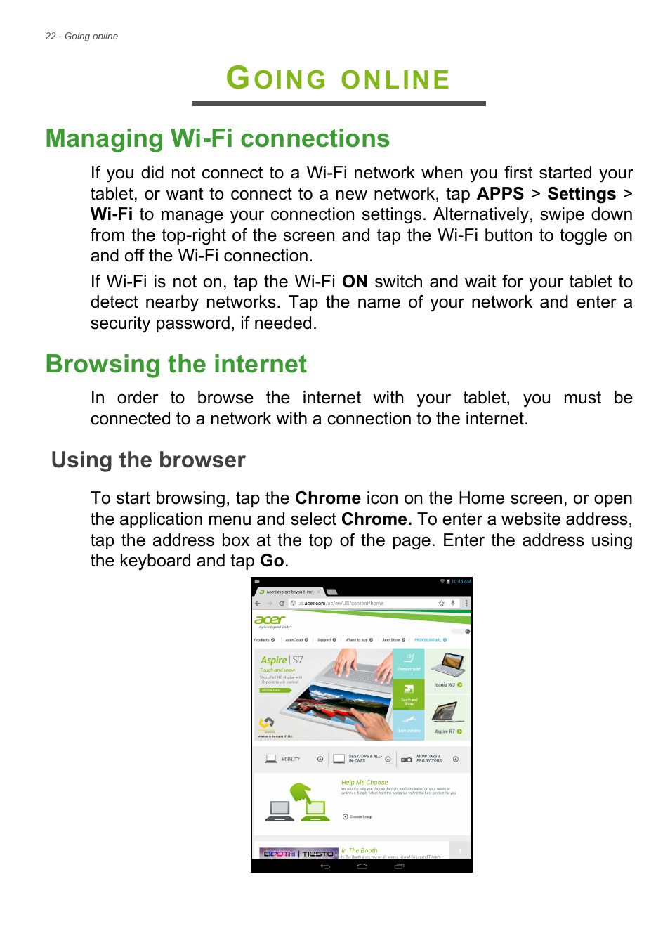 Going online, Managing wi-fi connections, Browsing the internet | Using the browser, Managing wi-fi connections browsing the internet, Oing, Online managing wi-fi connections | Acer A1-830 User Manual | Page 22 / 54