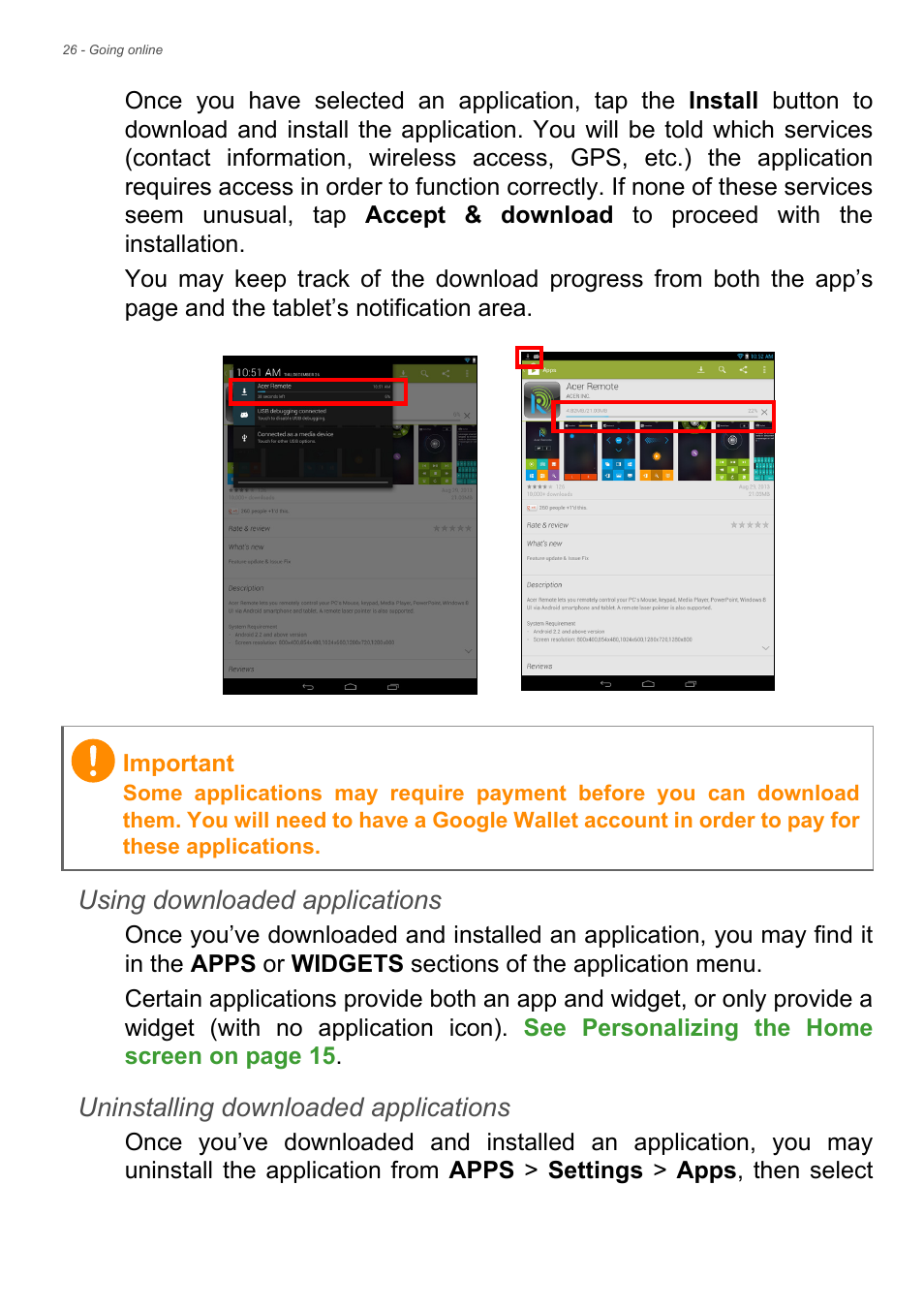 Using downloaded applications, Uninstalling downloaded applications | Acer A1-830 User Manual | Page 26 / 54