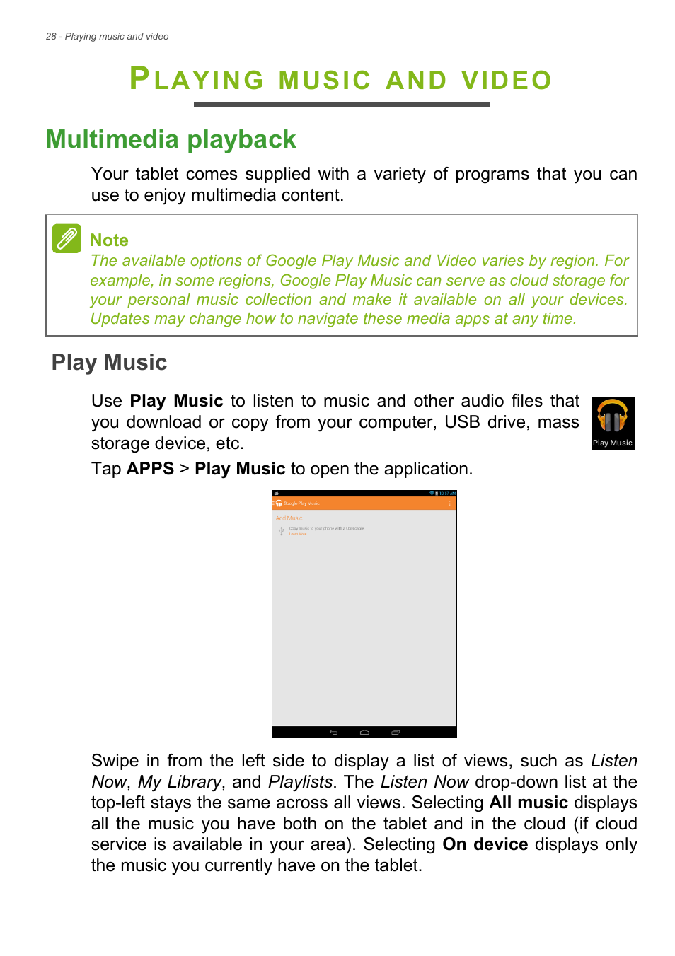 Playing music and video, Multimedia playback, Play music | Acer A1-830 User Manual | Page 28 / 54