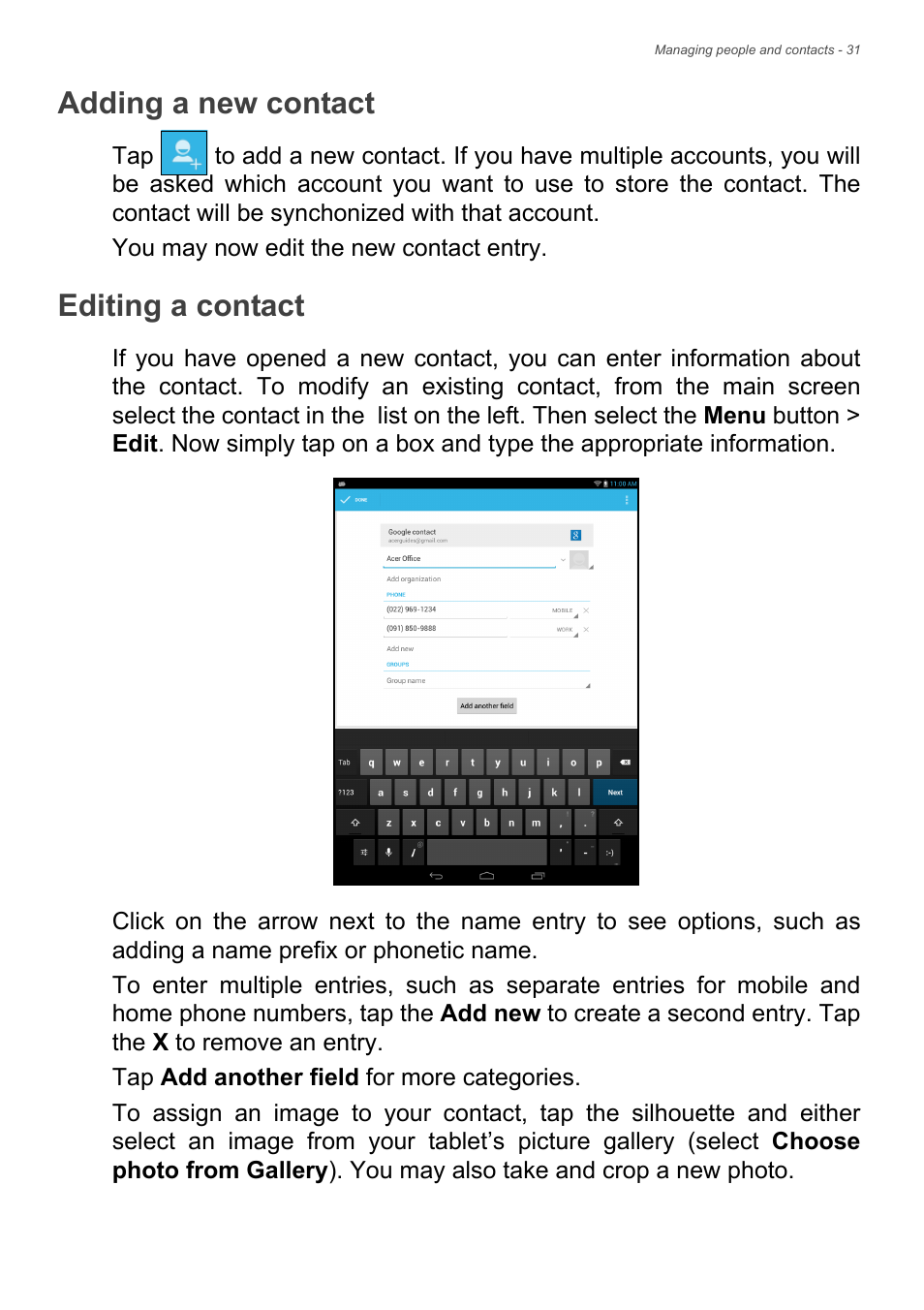 Adding a new contact, Editing a contact | Acer A1-830 User Manual | Page 31 / 54