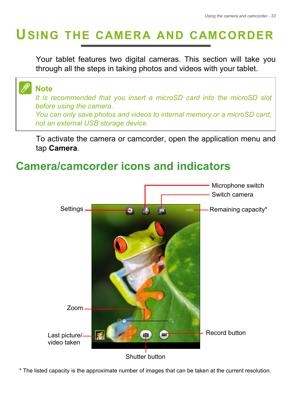 Using the camera and camcorder, Camera/camcorder icons and indicators, Camera/camcorder icons and indicators 33 | Sing, Camera, Camcorder | Acer A1-830 User Manual | Page 33 / 54