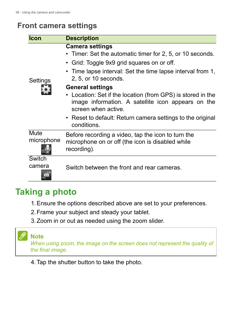 Front camera settings, Taking a photo | Acer A1-830 User Manual | Page 36 / 54