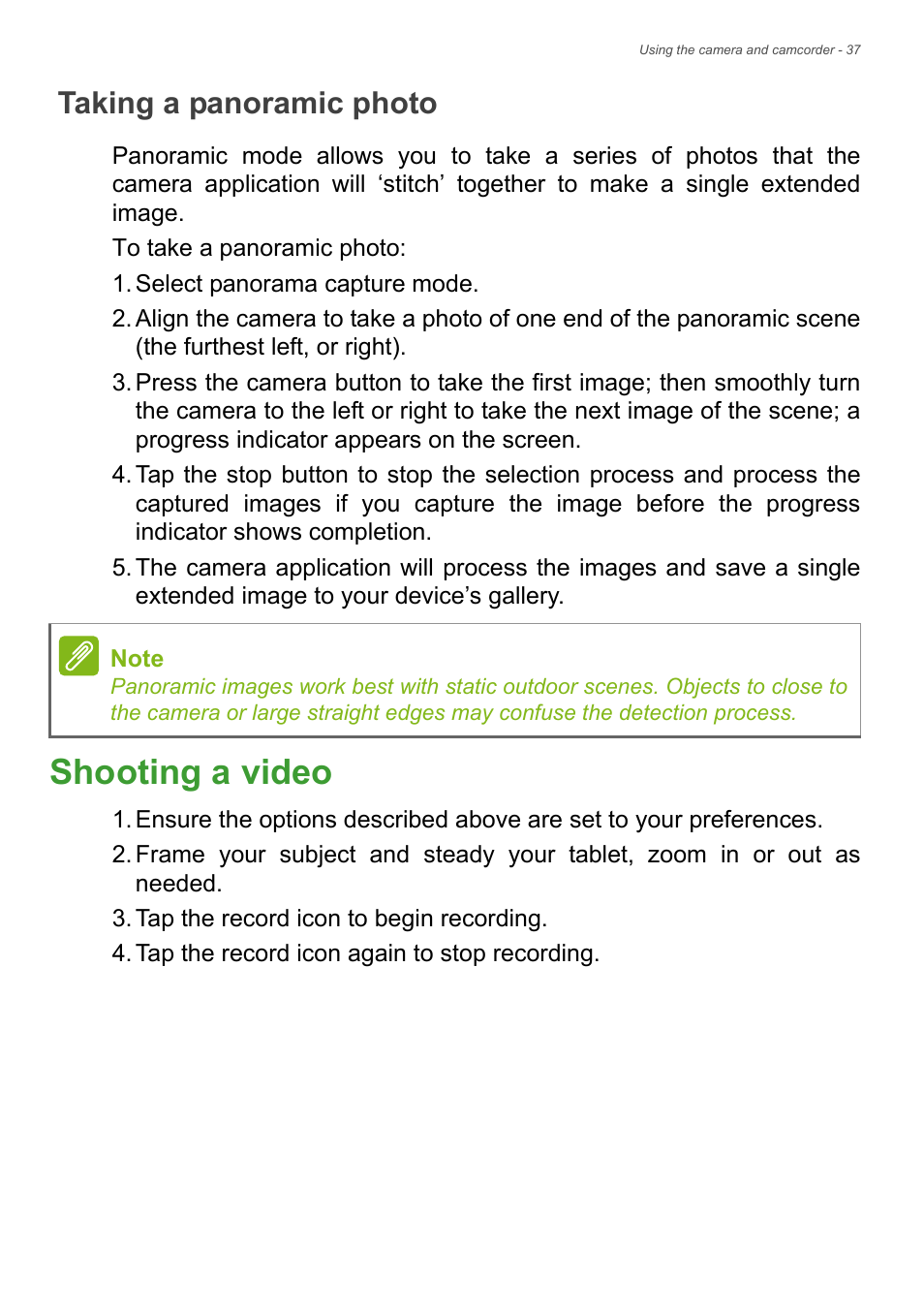 Taking a panoramic photo, Shooting a video | Acer A1-830 User Manual | Page 37 / 54