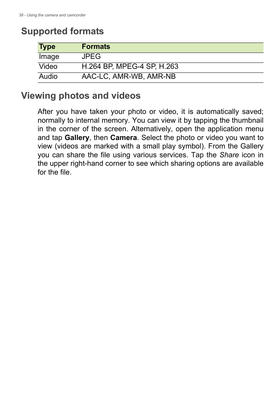 Supported formats, Viewing photos and videos | Acer A1-830 User Manual | Page 38 / 54
