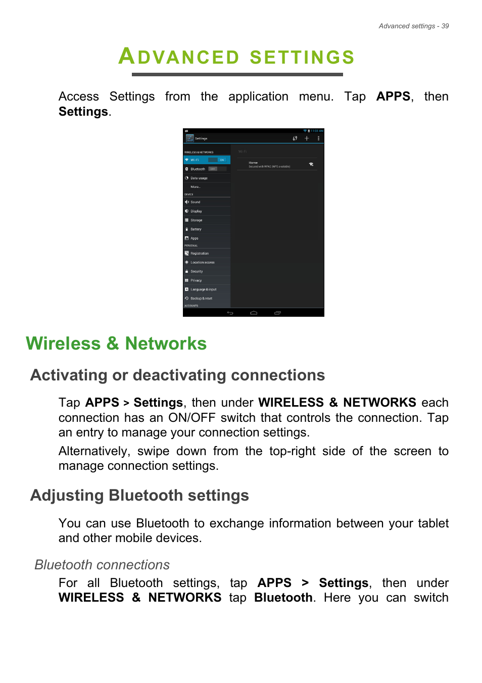 Advanced settings, Wireless & networks, Activating or deactivating connections | Adjusting bluetooth settings, Dvanced, Settings | Acer A1-830 User Manual | Page 39 / 54