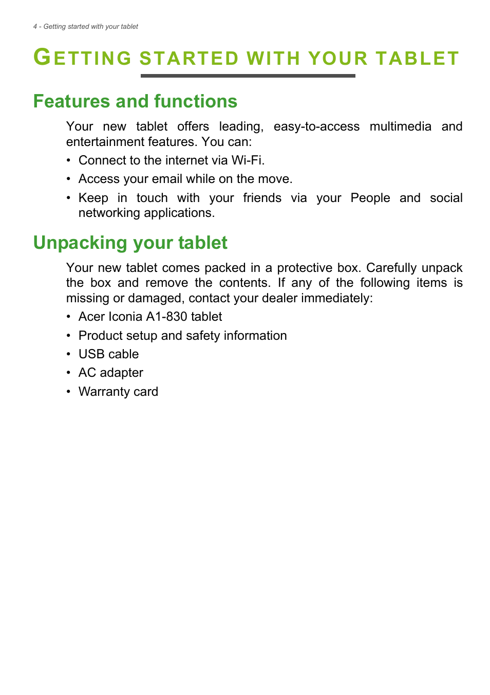 Getting started with your tablet, Features and functions, Unpacking your tablet | Features and functions unpacking your tablet | Acer A1-830 User Manual | Page 4 / 54