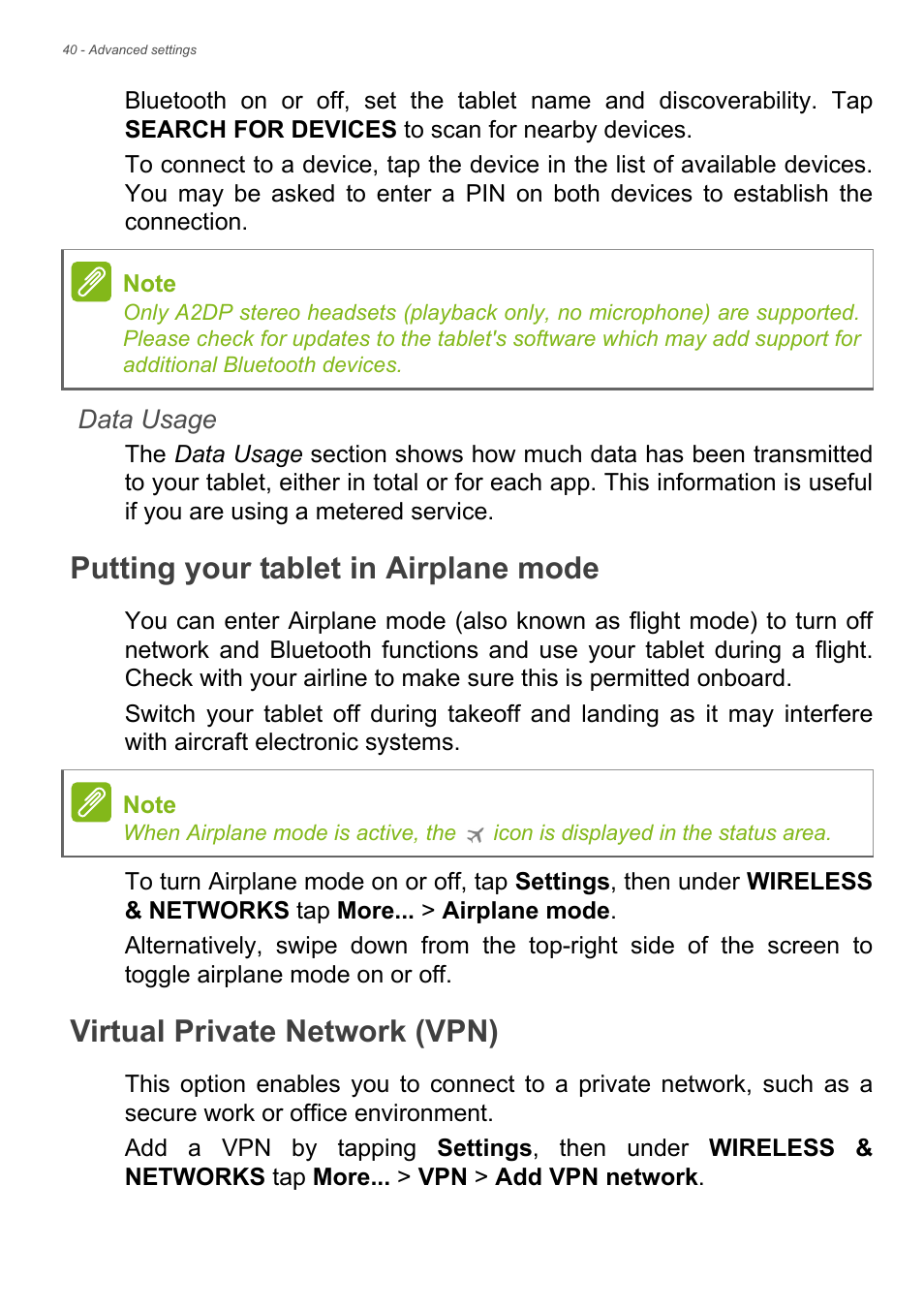 Putting your tablet in airplane mode, Virtual private network (vpn) | Acer A1-830 User Manual | Page 40 / 54