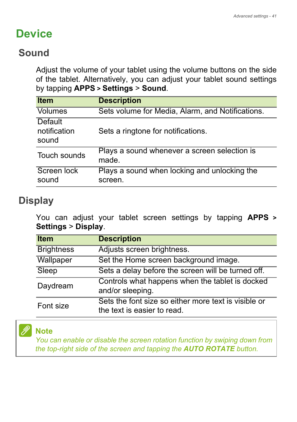 Device, Sound, Display | Acer A1-830 User Manual | Page 41 / 54