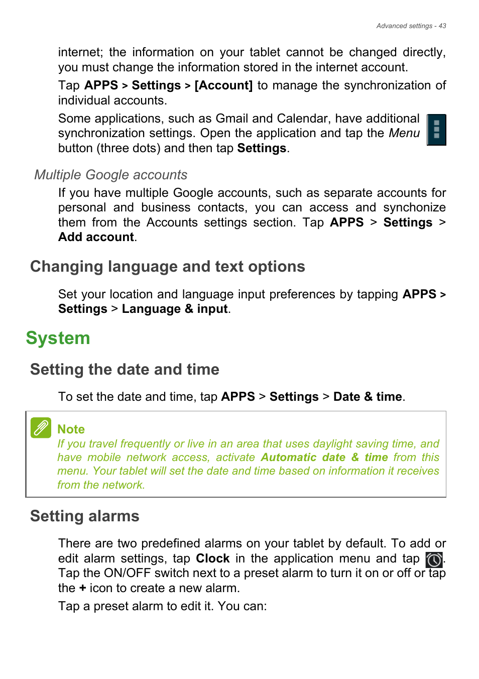Changing language and text options, System, Setting the date and time | Setting alarms, Ction, See multiple google | Acer A1-830 User Manual | Page 43 / 54