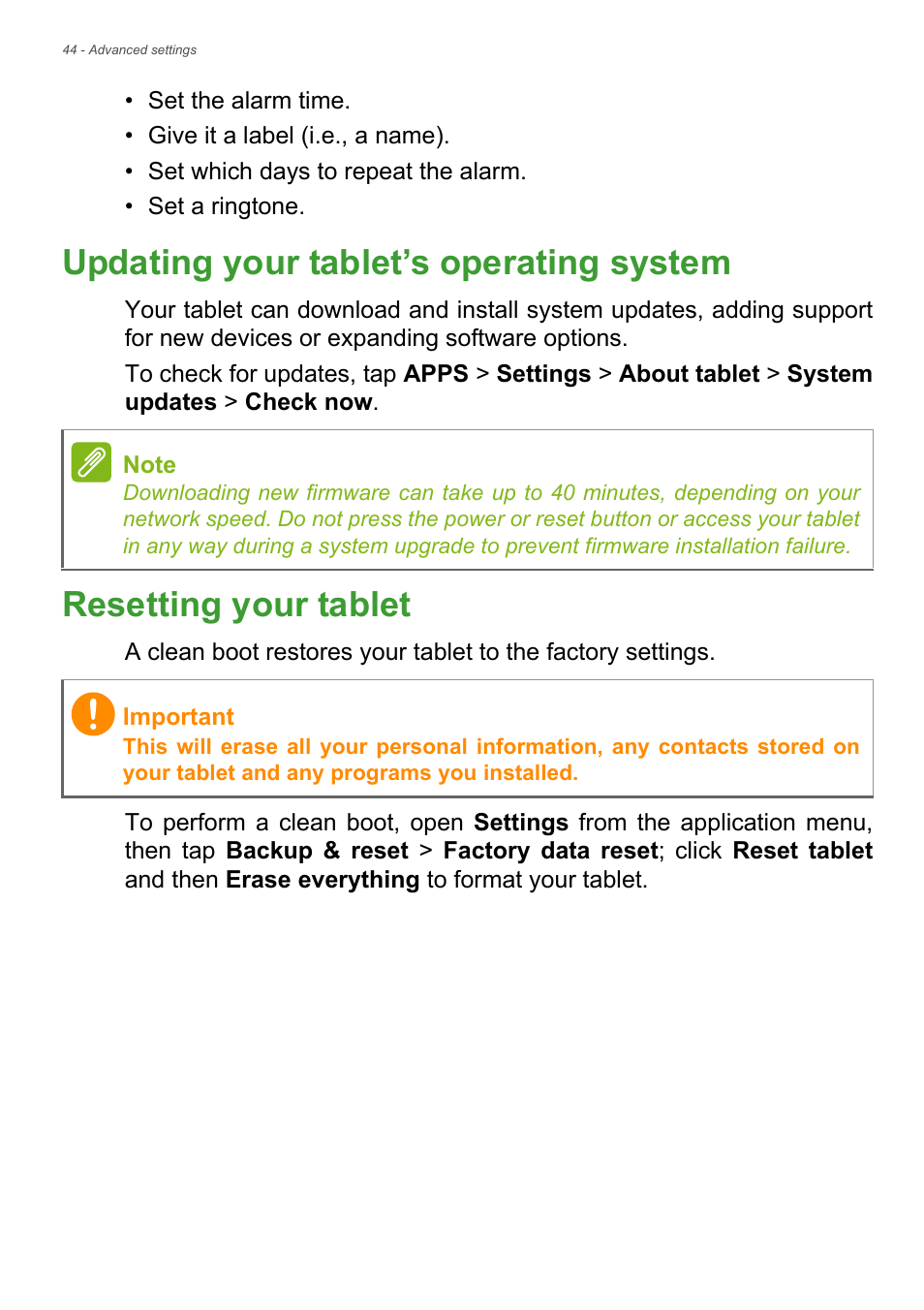 Updating your tablet’s operating system, Resetting your tablet | Acer A1-830 User Manual | Page 44 / 54