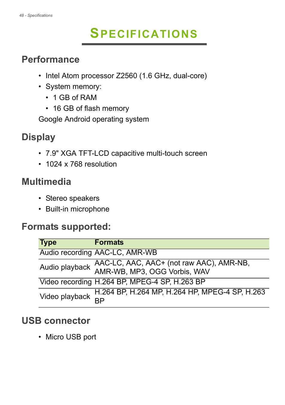 Specifications, Performance, Display | Multimedia, Formats supported, Usb connector, For more, Pecifications | Acer A1-830 User Manual | Page 48 / 54