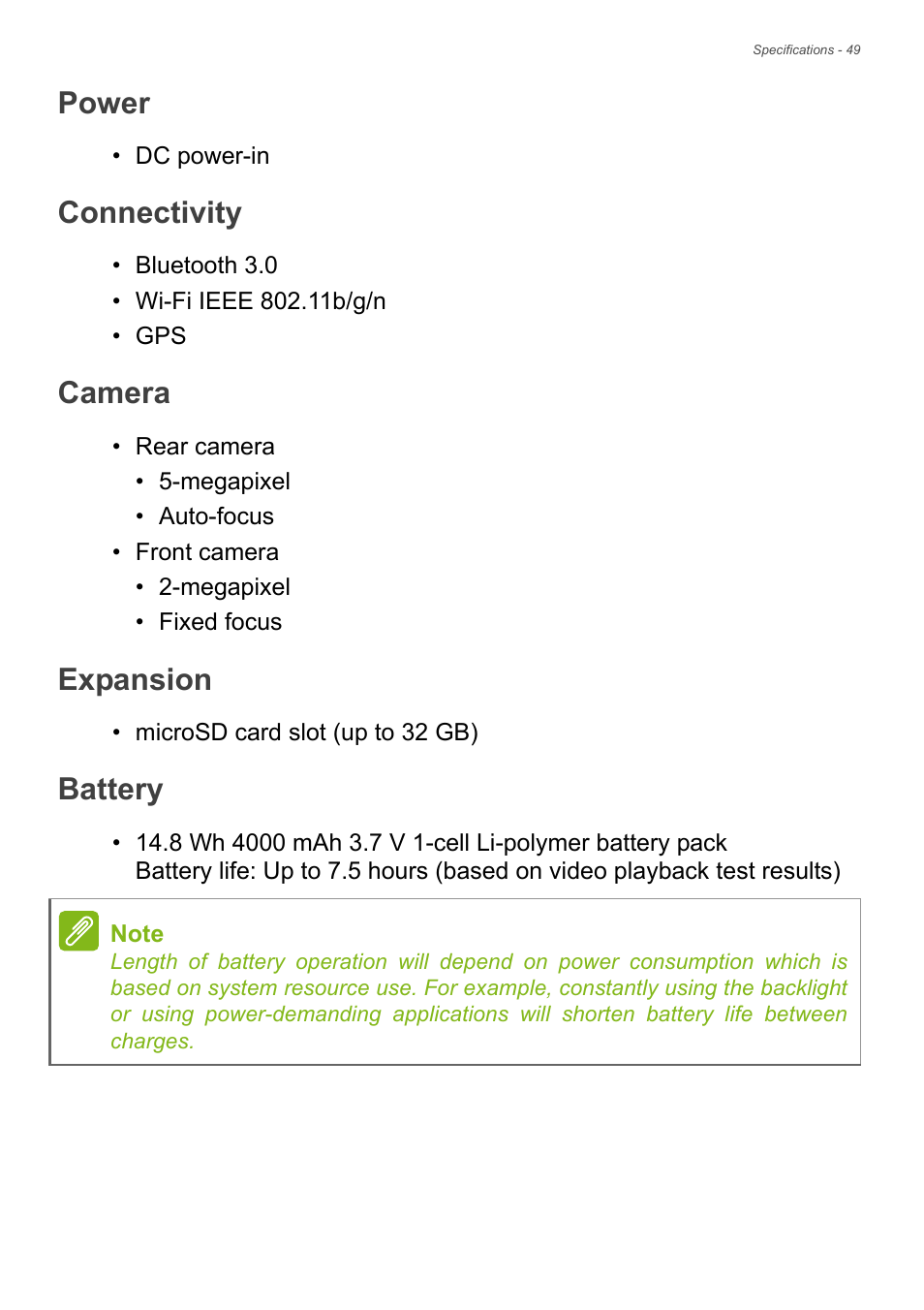 Power, Connectivity, Camera | Expansion, Battery | Acer A1-830 User Manual | Page 49 / 54