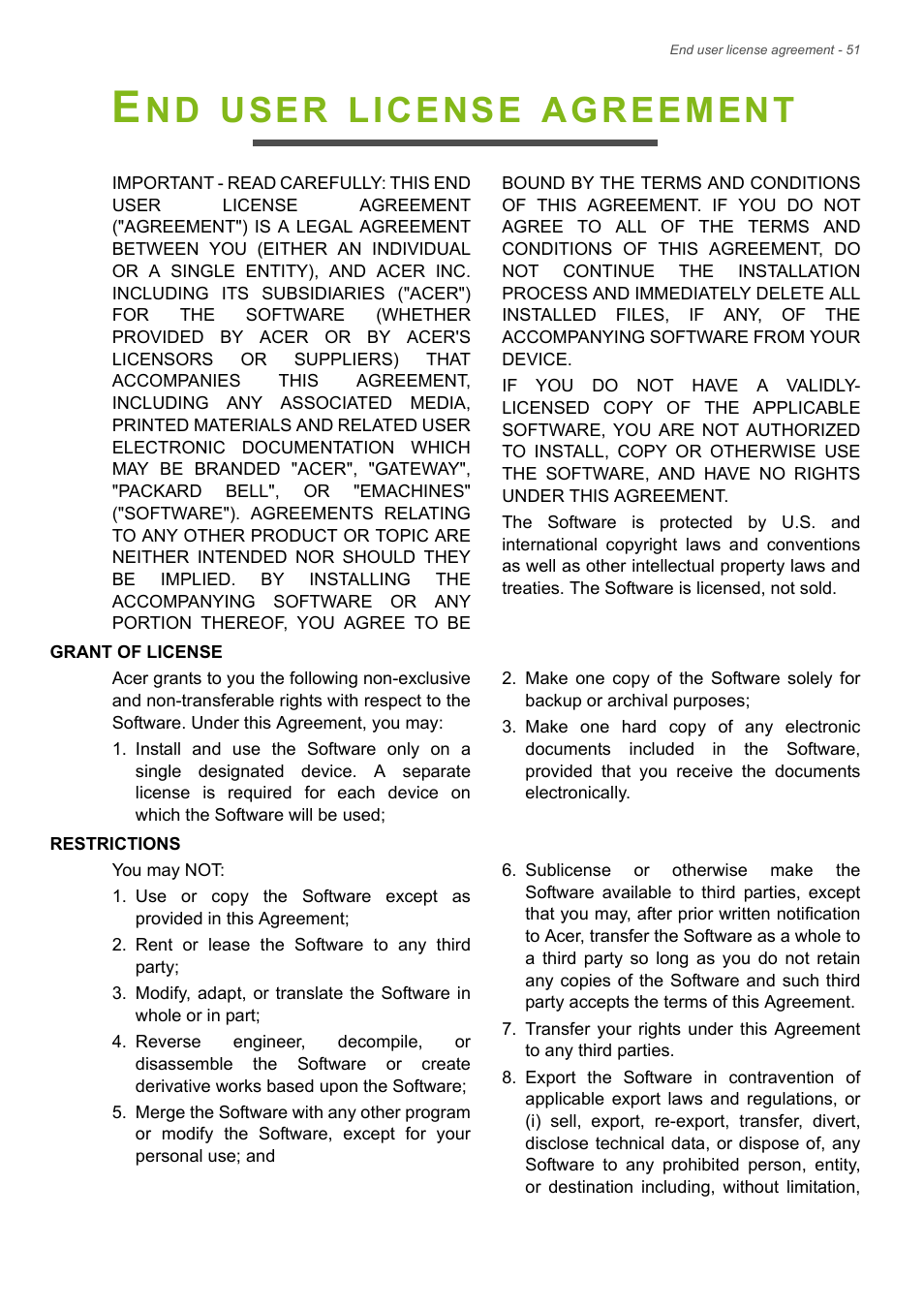 End user license agreement, User, License | Agreement | Acer A1-830 User Manual | Page 51 / 54