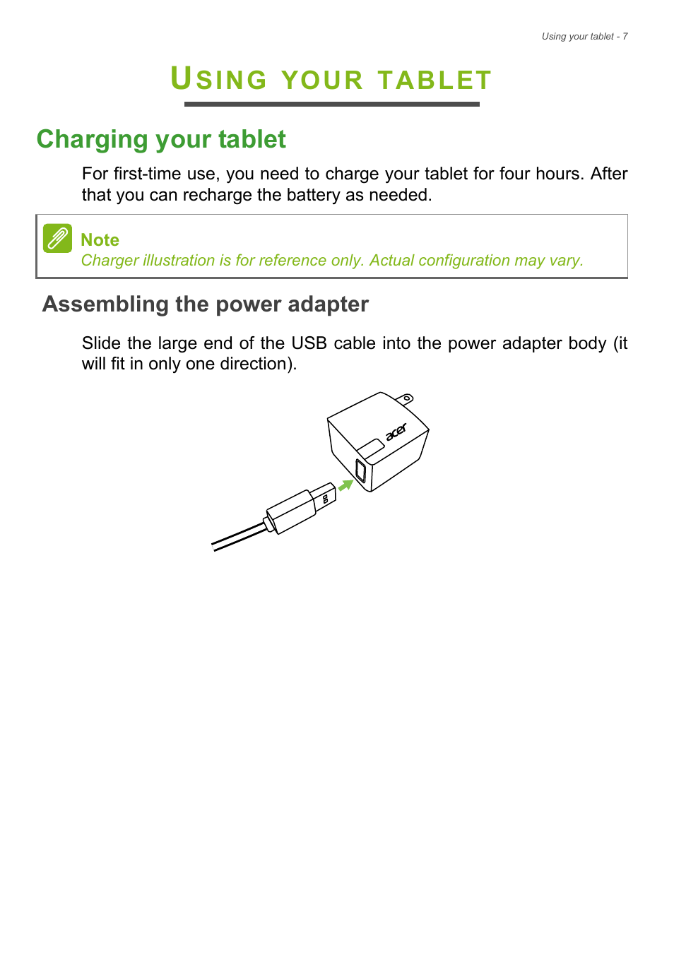 Using your tablet, Charging your tablet, Assembling the power adapter | Sing, Your, Tablet charging your tablet | Acer A1-830 User Manual | Page 7 / 54