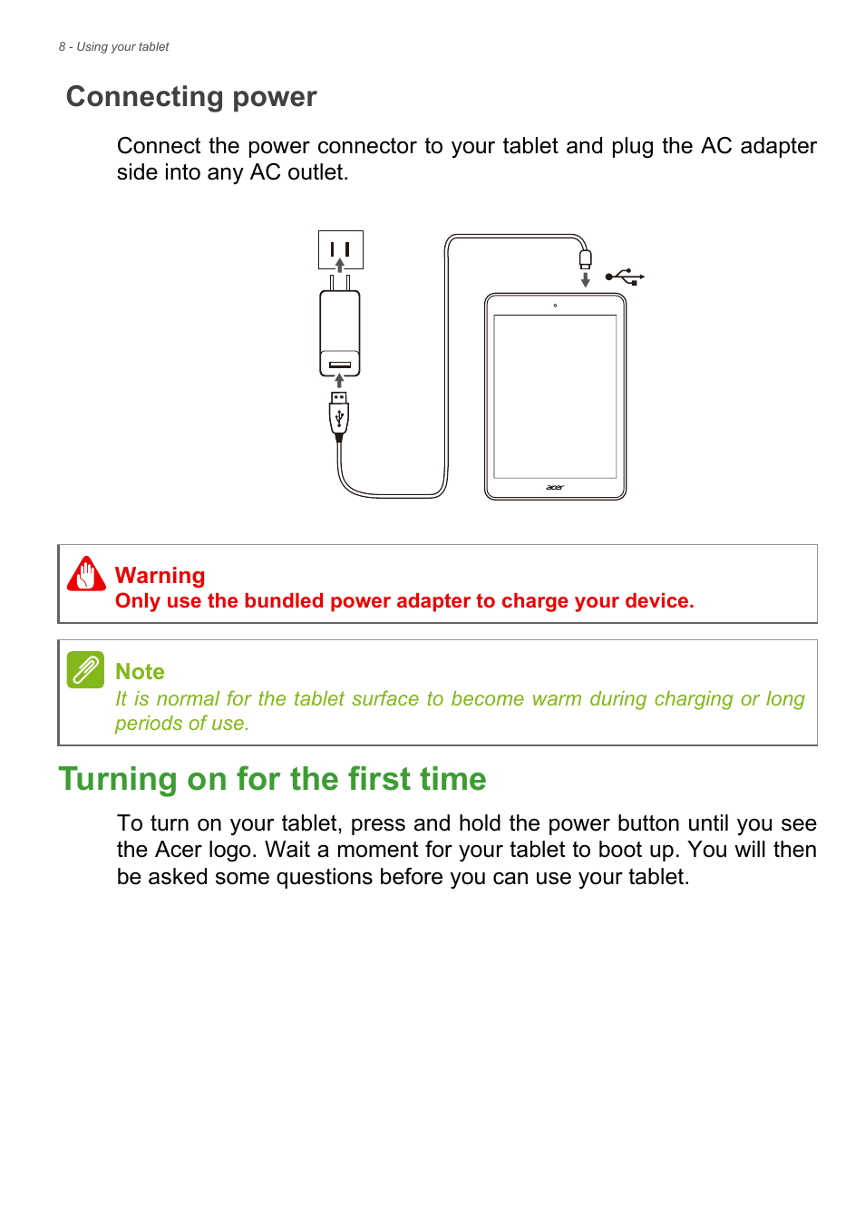 Connecting power, Turning on for the first time | Acer A1-830 User Manual | Page 8 / 54