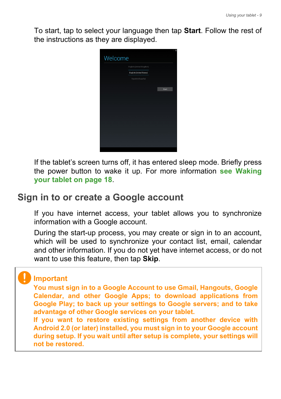 Sign in to or create a google account | Acer A1-830 User Manual | Page 9 / 54