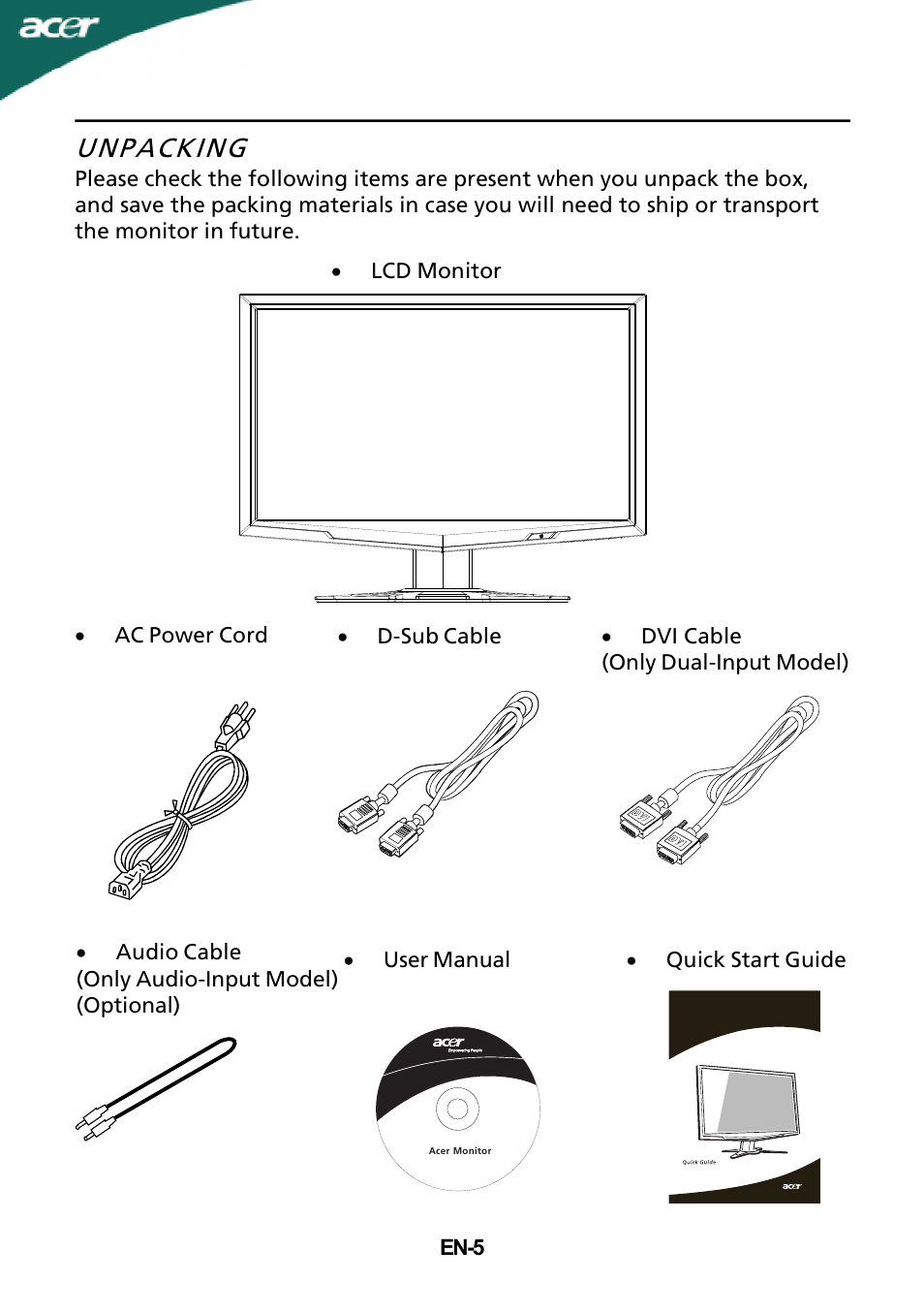 Unpacking | Acer G215H User Manual | Page 6 / 23