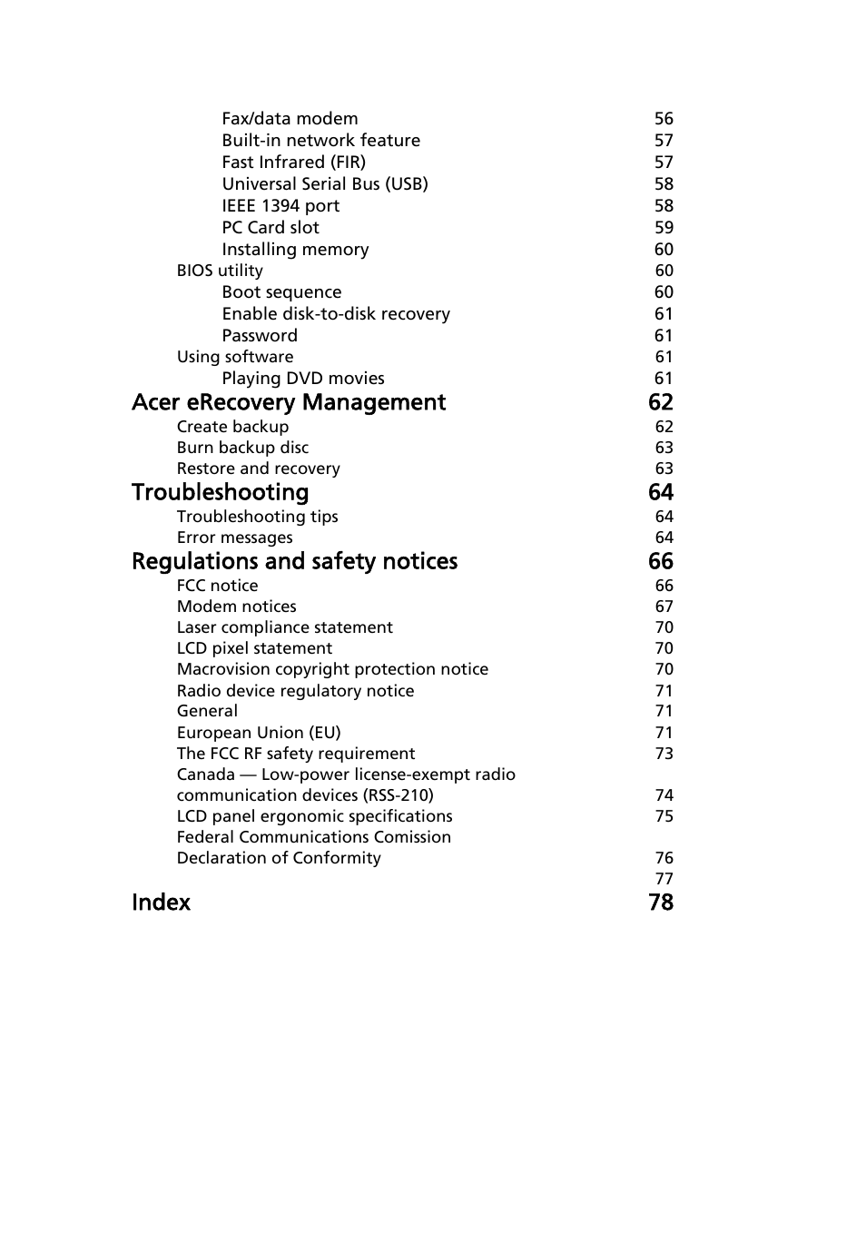 Acer erecovery management 62, Troubleshooting 64, Regulations and safety notices 66 | Index 78 | Acer TravelMate 4520 User Manual | Page 19 / 98