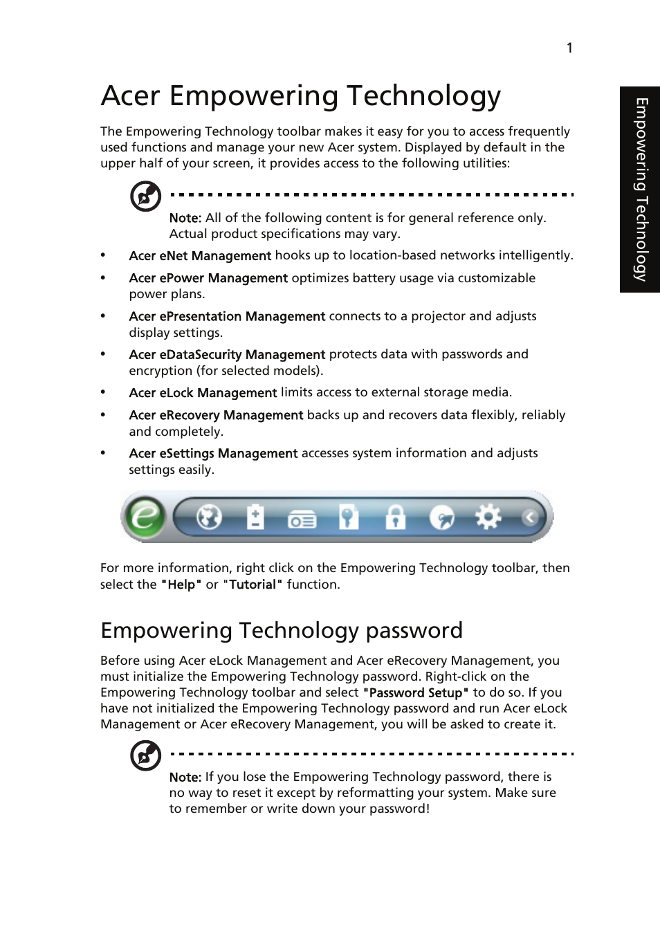 Acer empowering technology, Empowering technology password | Acer TravelMate 4520 User Manual | Page 21 / 98