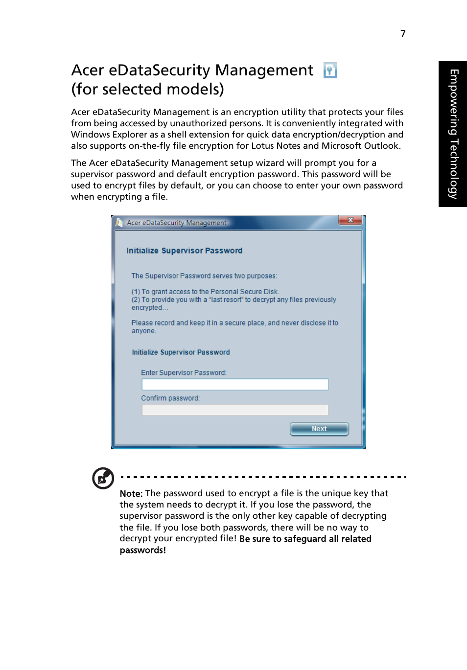 Acer edatasecurity management, For selected models) | Acer TravelMate 4520 User Manual | Page 27 / 98