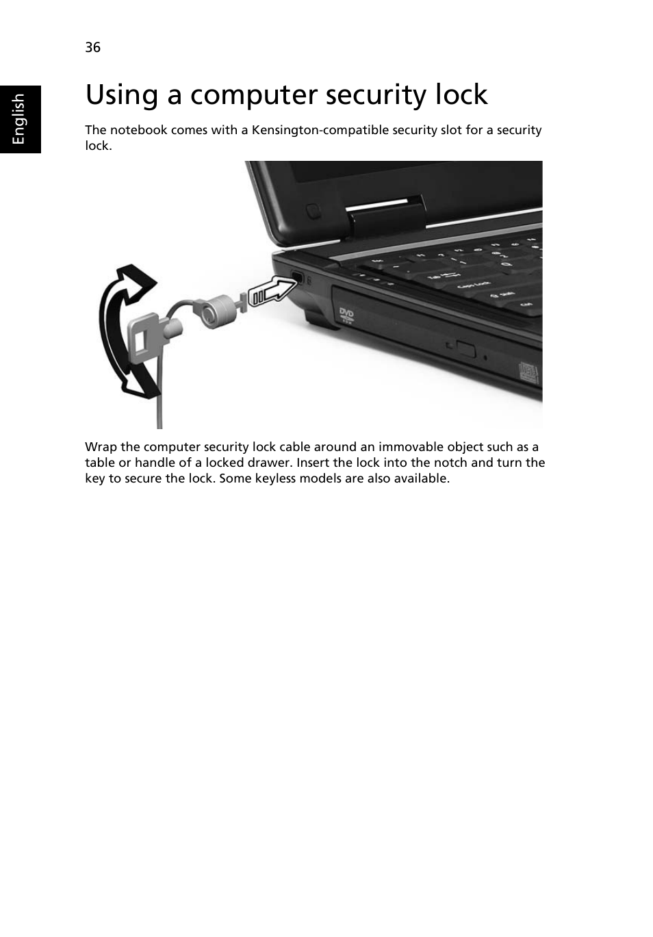 Using a computer security lock | Acer TravelMate 4520 User Manual | Page 56 / 98