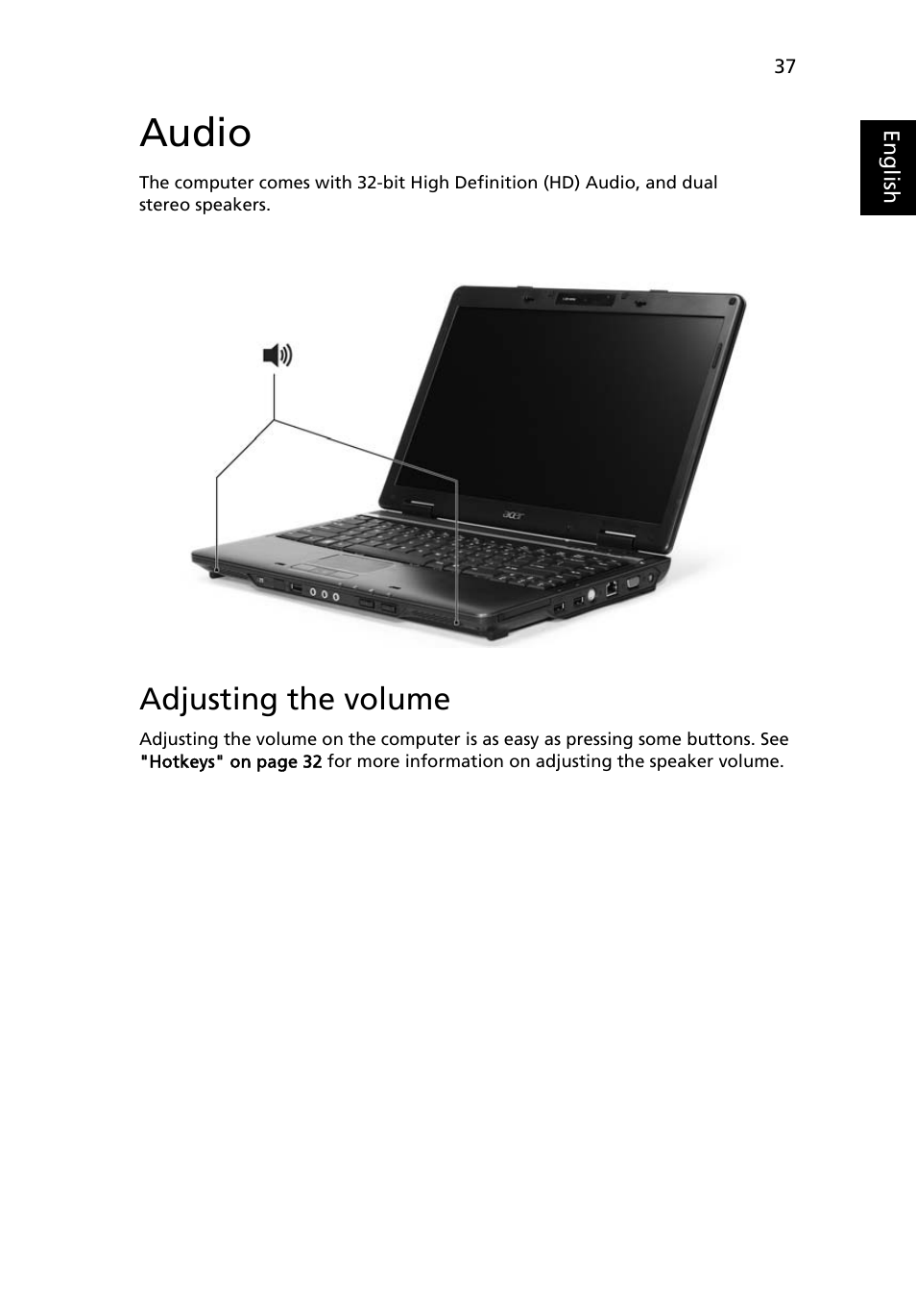 Audio, Adjusting the volume | Acer TravelMate 4520 User Manual | Page 57 / 98