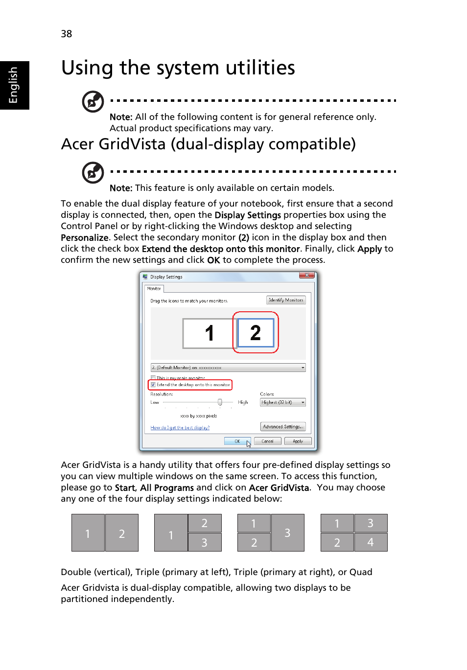 Using the system utilities, Acer gridvista (dual-display compatible) | Acer TravelMate 4520 User Manual | Page 58 / 98