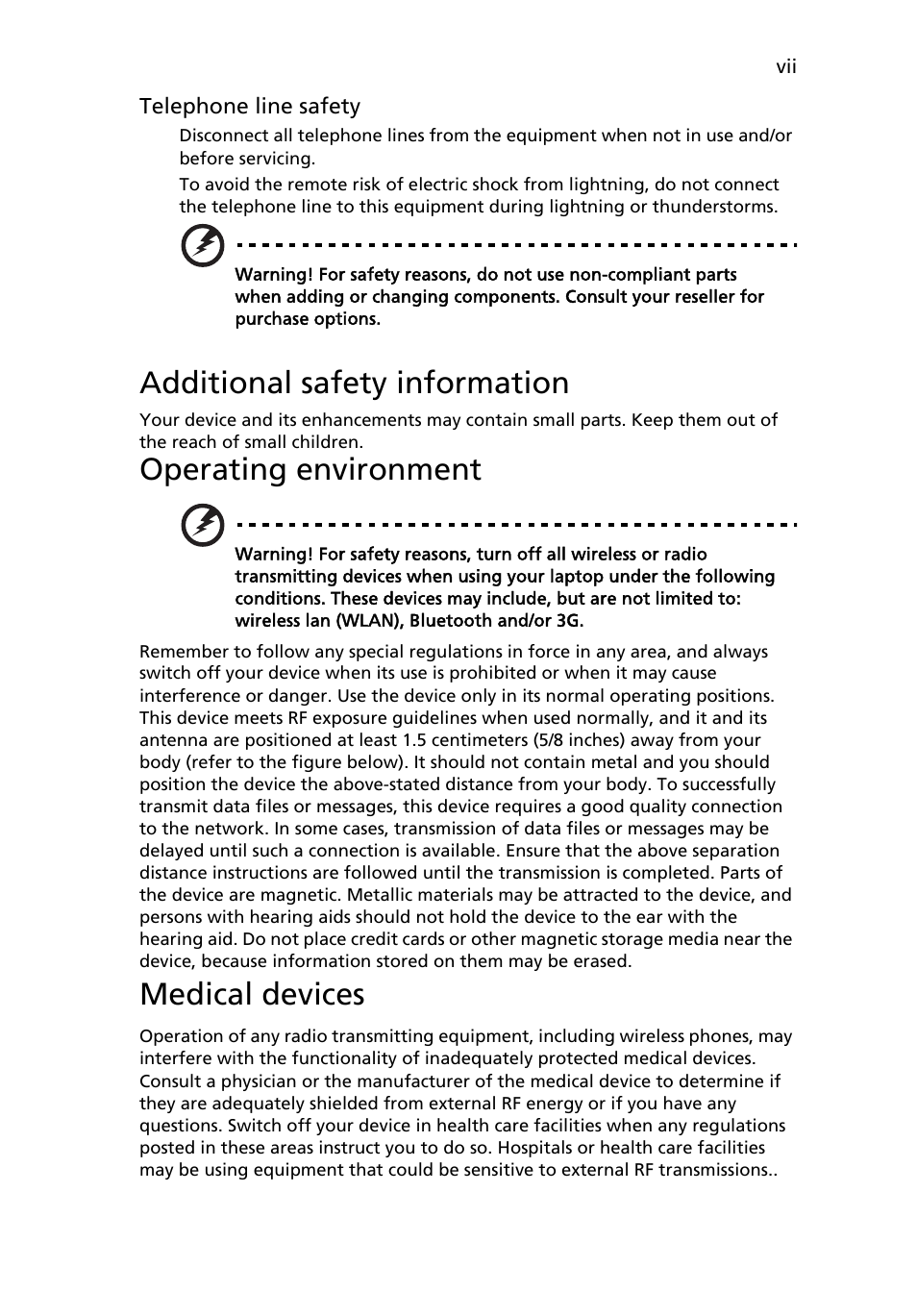 Additional safety information, Operating environment, Medical devices | Acer TravelMate 4520 User Manual | Page 7 / 98