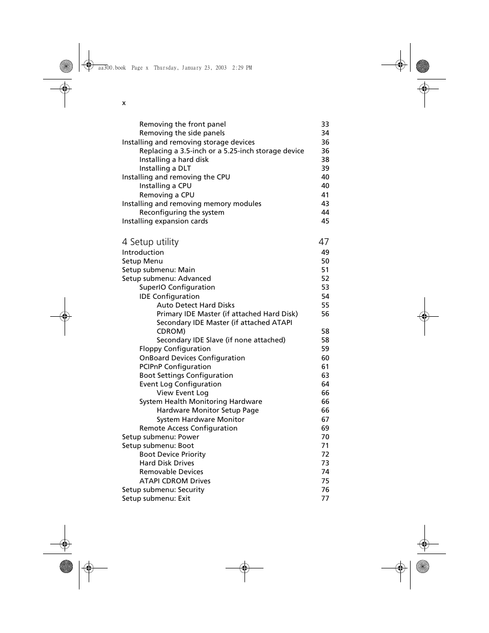 4 setup utility 47 | Acer Altos G301 User Manual | Page 10 / 160