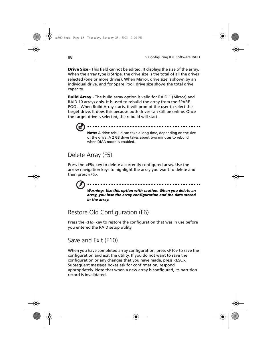 Delete array (f5), Restore old configuration (f6), Save and exit (f10) | Acer Altos G301 User Manual | Page 100 / 160