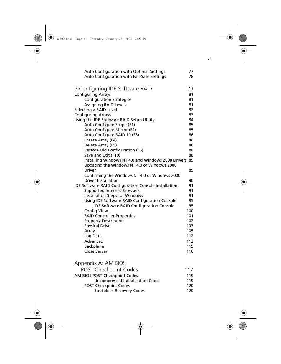 5 configuring ide software raid 79, Appendix a: amibios post checkpoint codes 117 | Acer Altos G301 User Manual | Page 11 / 160