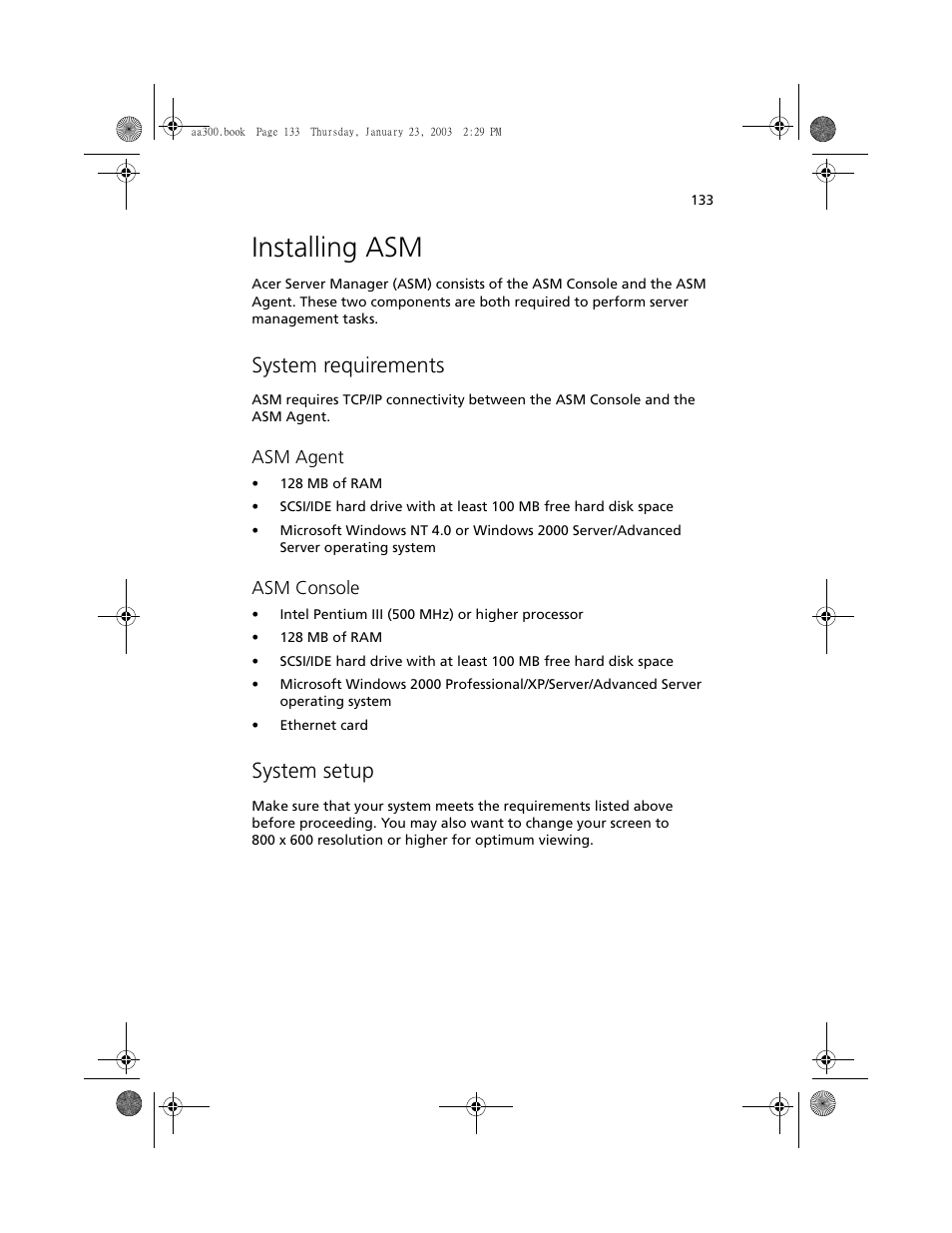 Installing asm, System requirements, System setup | Asm agent, Asm console | Acer Altos G301 User Manual | Page 145 / 160