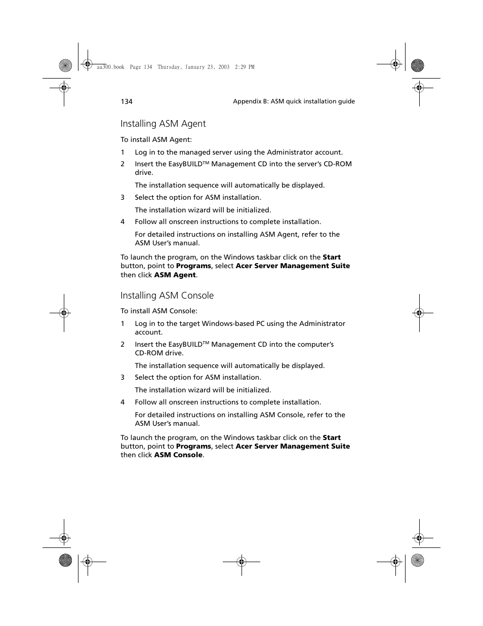 Installing asm agent, Installing asm console | Acer Altos G301 User Manual | Page 146 / 160