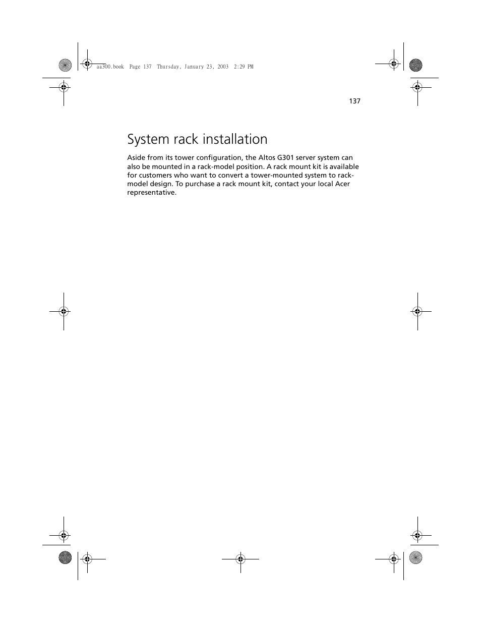 System rack installation | Acer Altos G301 User Manual | Page 149 / 160