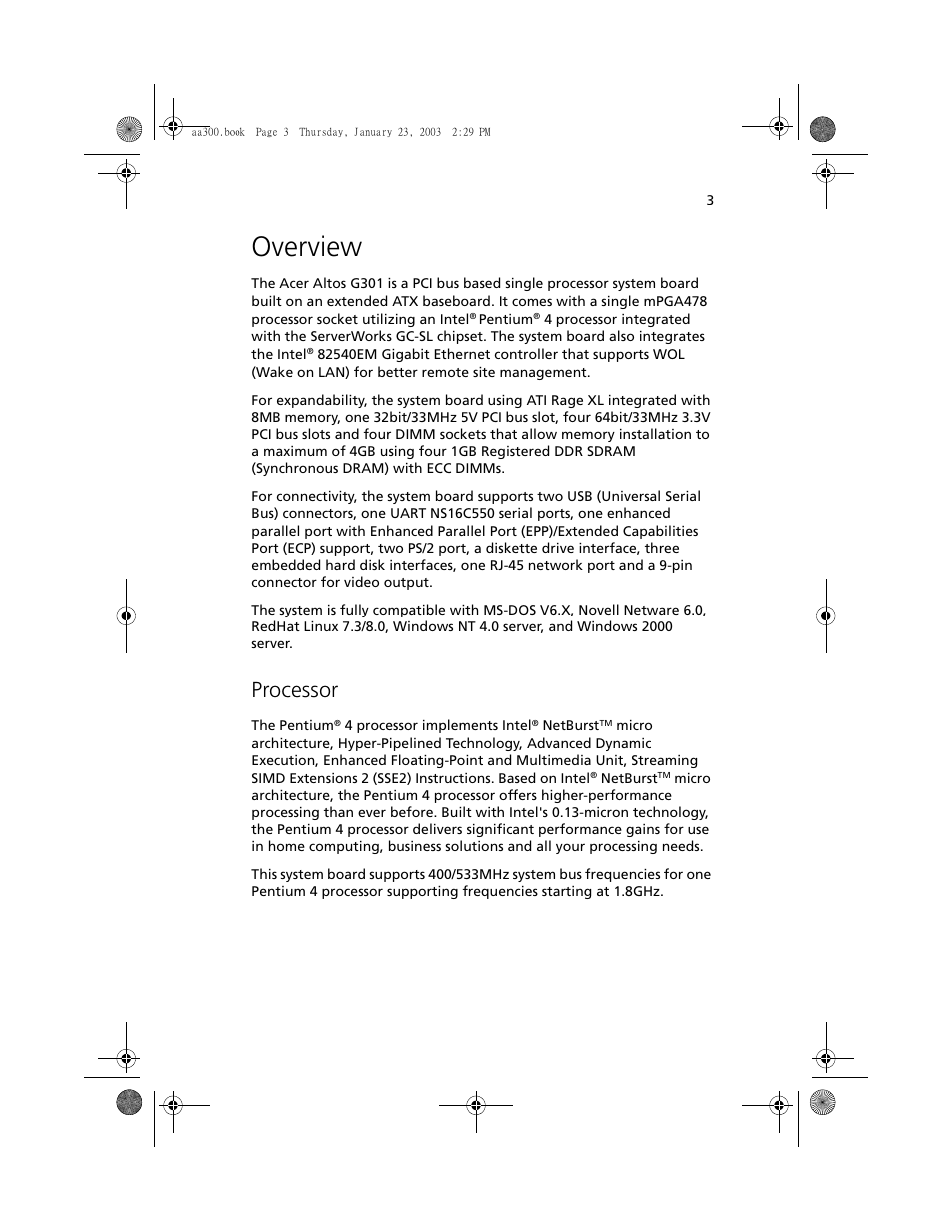 Overview, Processor | Acer Altos G301 User Manual | Page 15 / 160