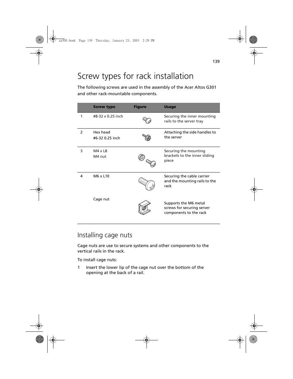 Screw types for rack installation, Installing cage nuts | Acer Altos G301 User Manual | Page 151 / 160