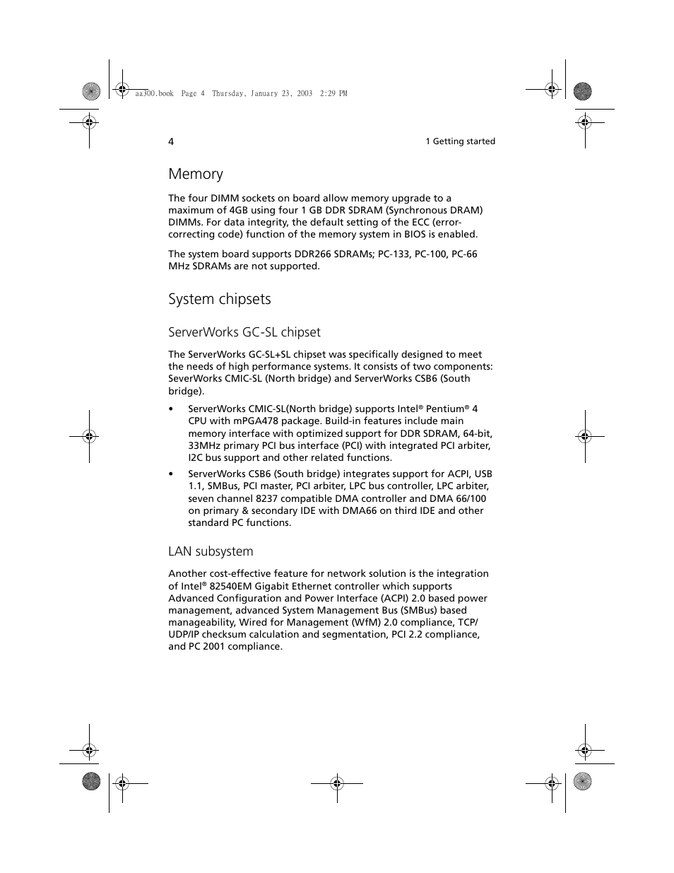 Memory, System chipsets, Serverworks gc-sl chipset | Lan subsystem | Acer Altos G301 User Manual | Page 16 / 160