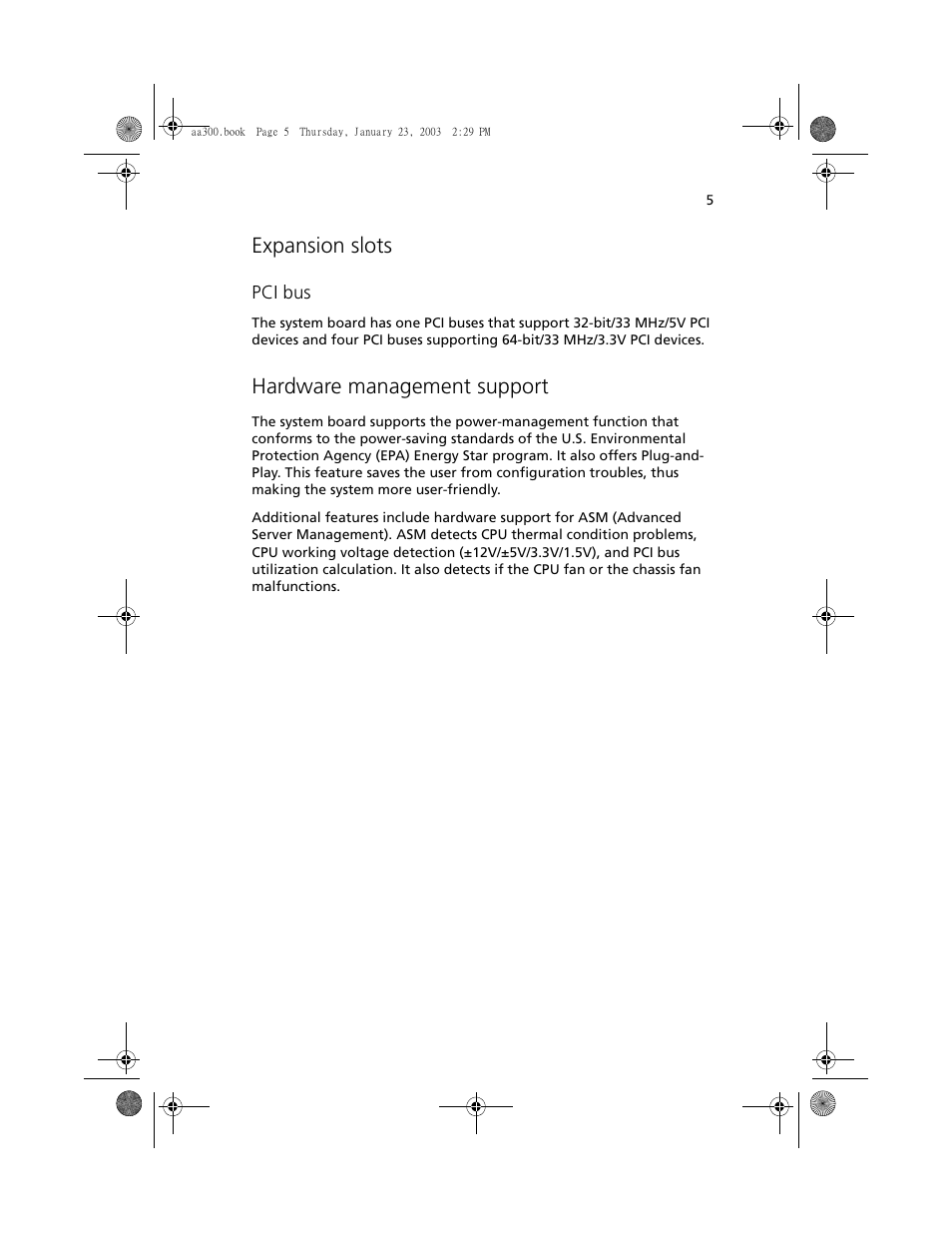 Expansion slots, Hardware management support, Pci bus | Acer Altos G301 User Manual | Page 17 / 160