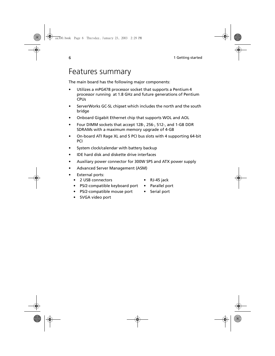 Features summary | Acer Altos G301 User Manual | Page 18 / 160