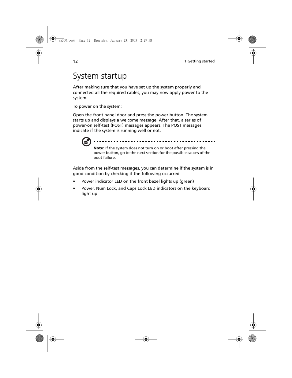 System startup | Acer Altos G301 User Manual | Page 24 / 160
