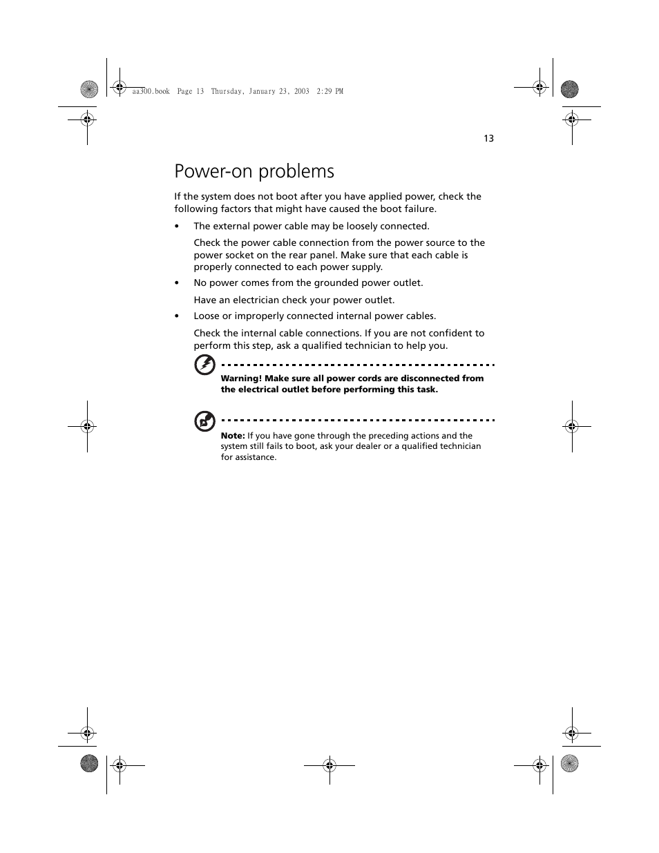 Power-on problems | Acer Altos G301 User Manual | Page 25 / 160